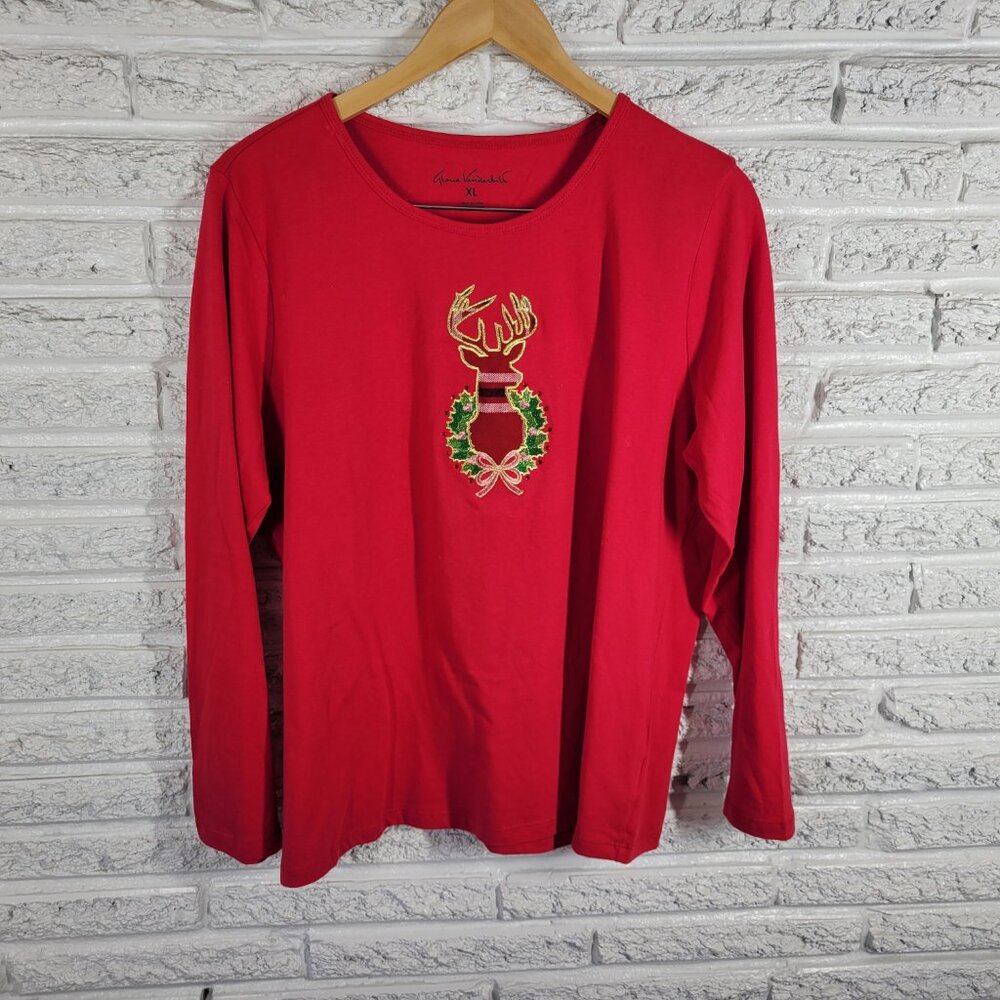 Gloria Vanderbilt Womens XL Christmas Tee Red Reindeer Embroidered RED43E